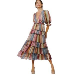 Ciebon Madelyn Puff Sleeve Tiered Maxi Dress M Pockets Boho Cottage Patchwork